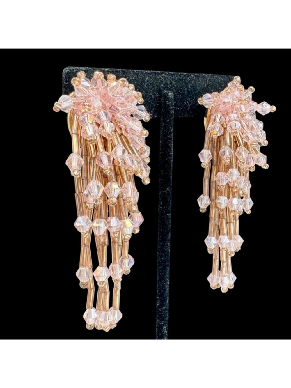 Cha-Cha Waterfall Dangle Earrings Pierced Barbie Pink Gold Sparkle Fireworks - Picture 2 of 8